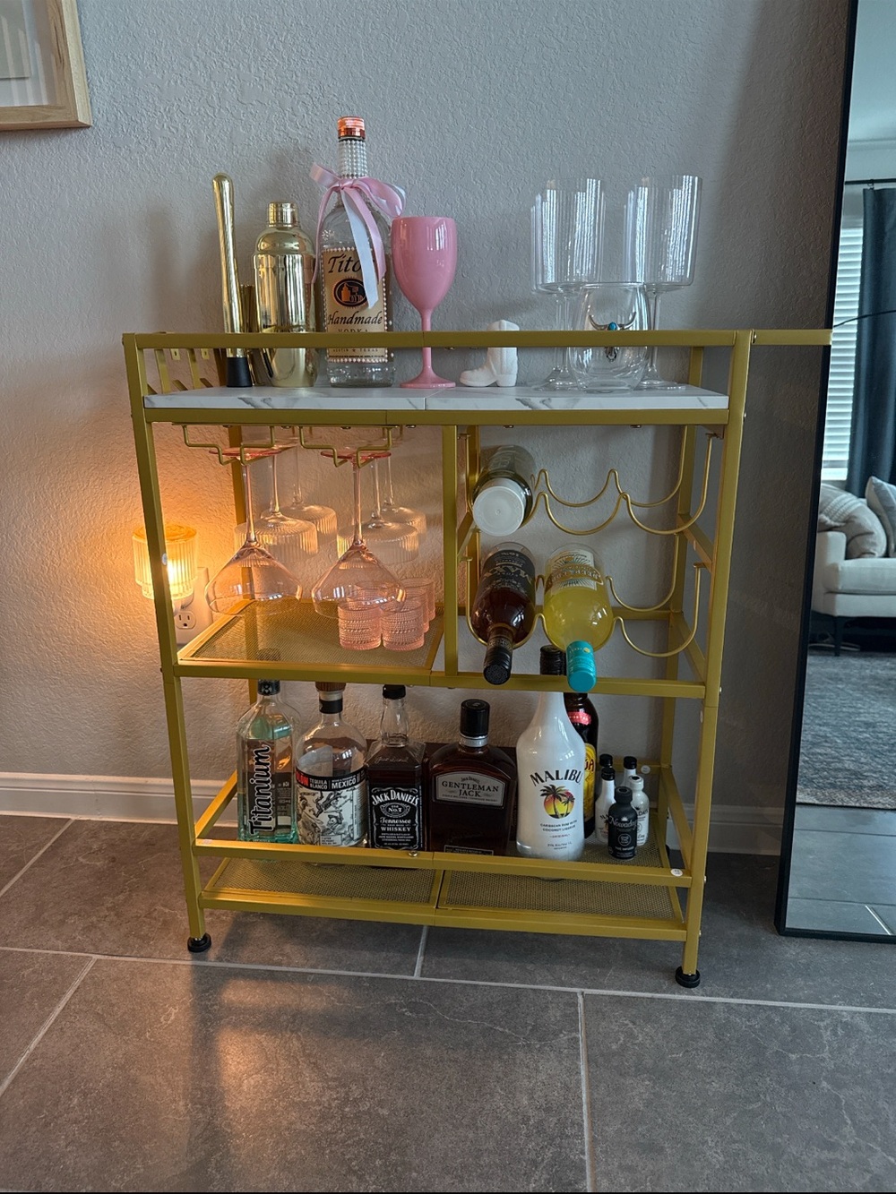 Metallic Gold Bar Cart with Marble Top - Home Dining